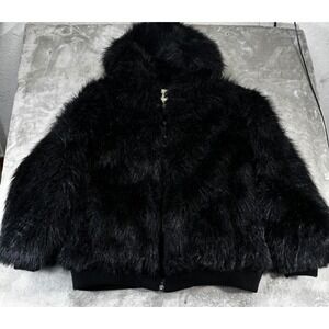 Ablanche Reversible Faux Fur Jacket Mens XL Black Excellent Hooded Bomber Coat